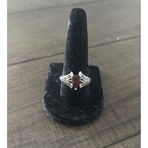 Sterling Silver Garnet Teardrop Filigree Ring Signed CNA, Size 8, 3.4 g